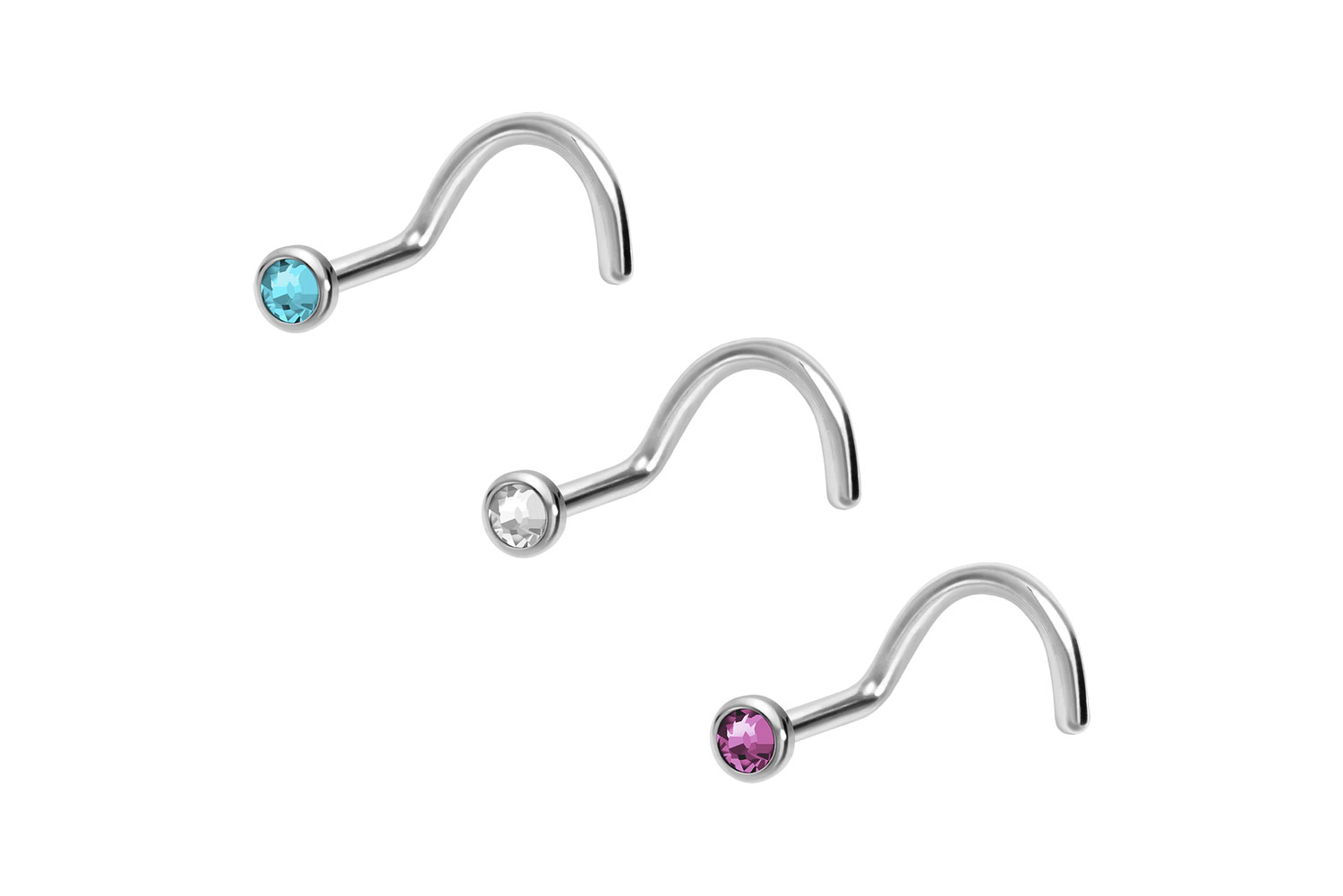 3er Set Titan Nasenstecker Nasenpiercing Spirale FLACHE KRISTALLDISC